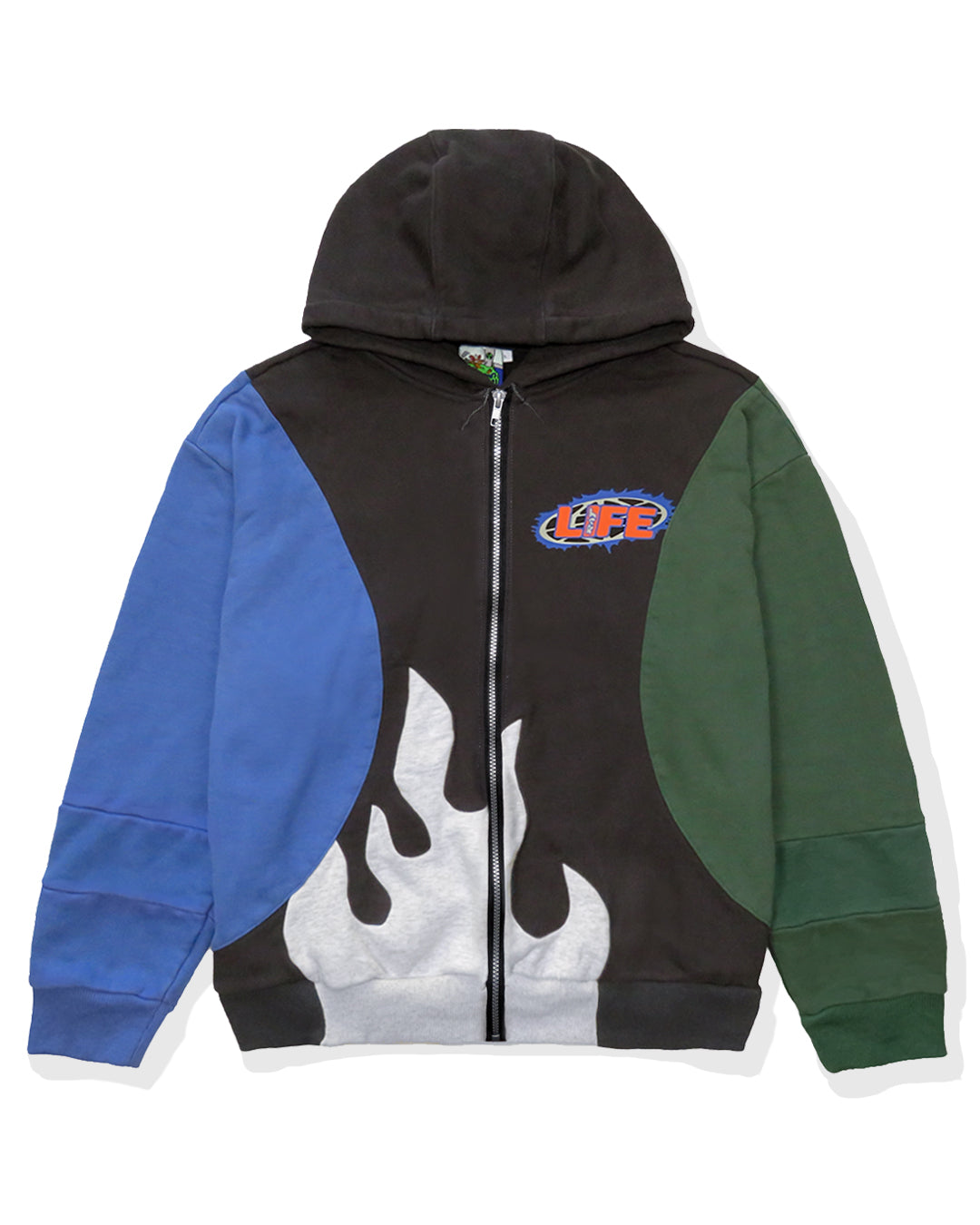 Flame Hoody Charcoal Blue Green Ash by Ratlife streetwear patchwork custom