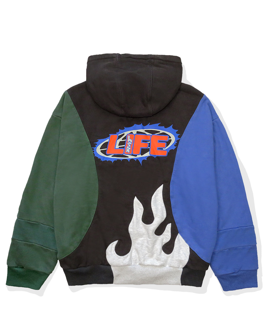 Flame Hoody Charcoal Blue Green Ash by Ratlife streetwear patchwork custom