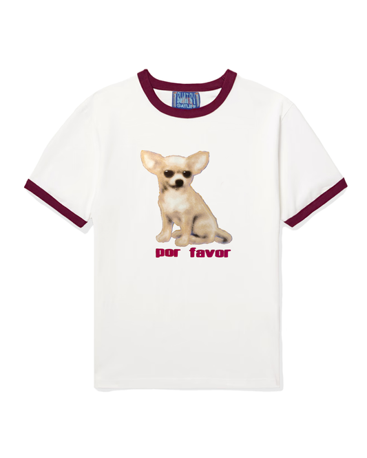 Por Favor Ringer Tee, White/Burgandy