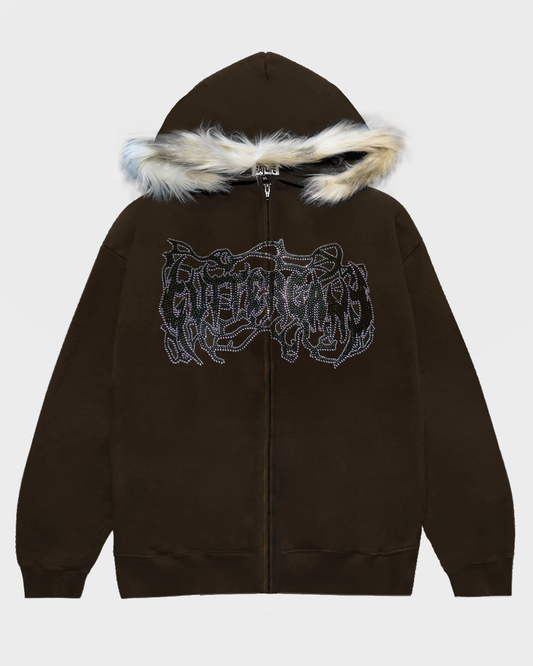 Around The Fur Zip Hood, DARK BROWN